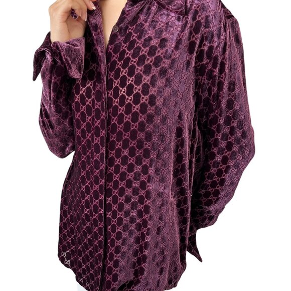 GUCCI Vintage Velour Button Up Shirt Top Purple GG Monogram Logo Silk [106237] - Picture 2 of 13